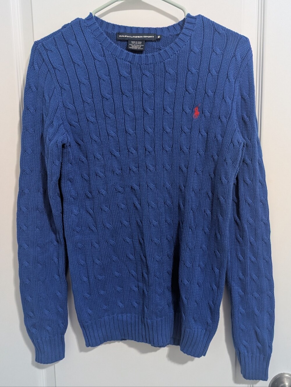 Ralph Lauren Blue Cable Knit Crewneck Sweater with Red Pony